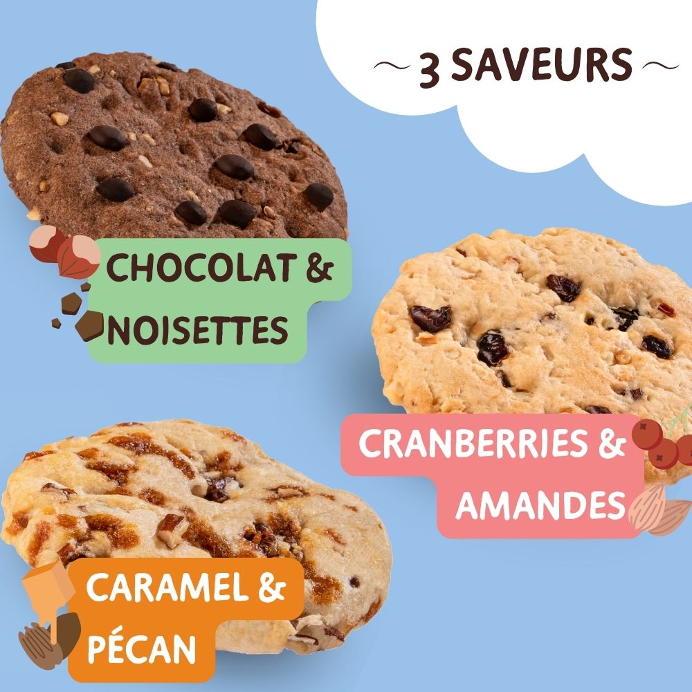 3 saveurs de cookies sains chocolat noisettes cranberries amandes et caramel pecan